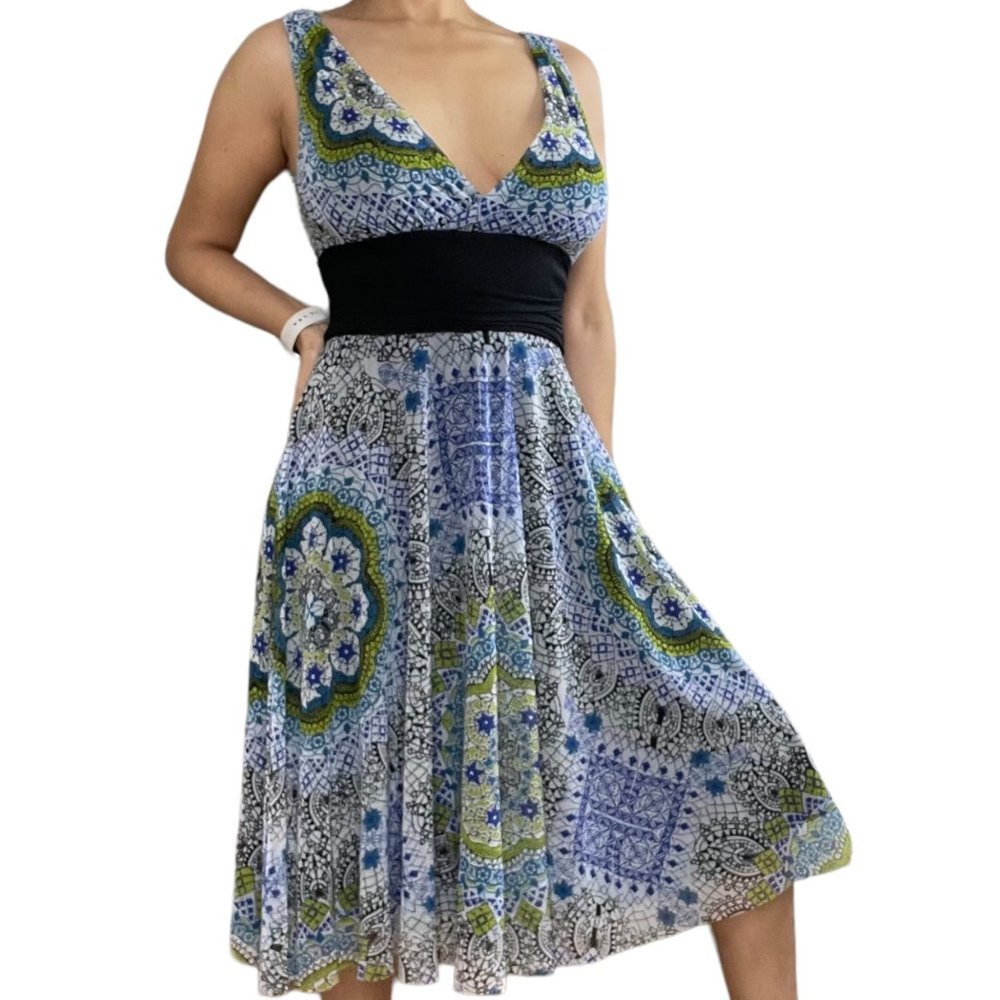 London Times|Fit & Flare Dress|Size 10|Blue Black|Knee Length|Lined|Stretch|Line